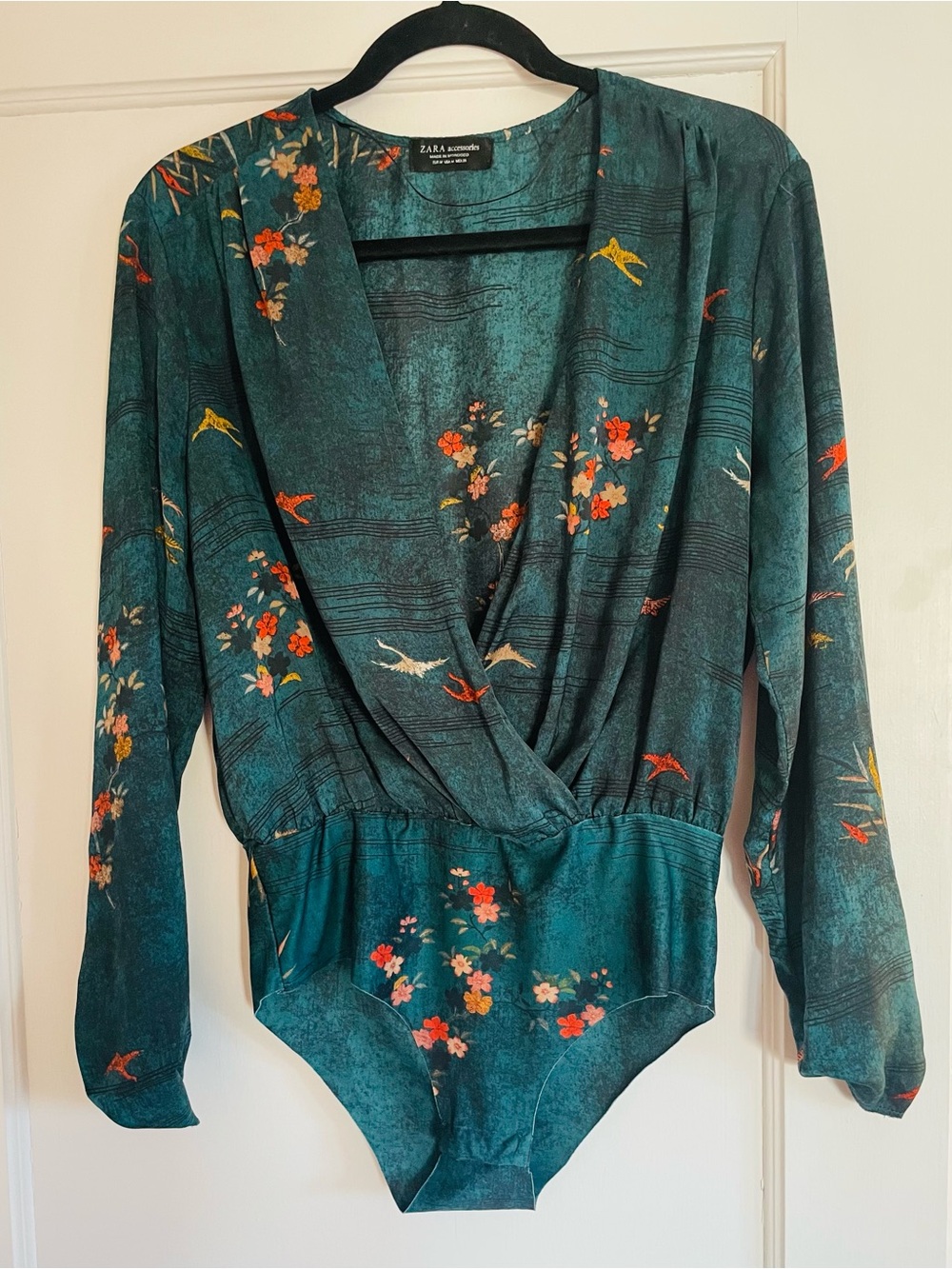 Zara Green Bird-Print Wrap Bodysuit (size M)